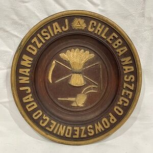 Antique Polish "Give Us Today Our Daily Bread" Carved Wood Plate